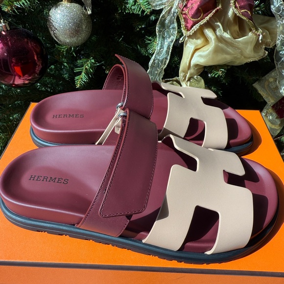 HERMES H CHYPRE ROUGE H BEIGE PERLINO LEATHER SANDALS SHOES FLAT SLIDES 37 NIB - Picture 4 of 15